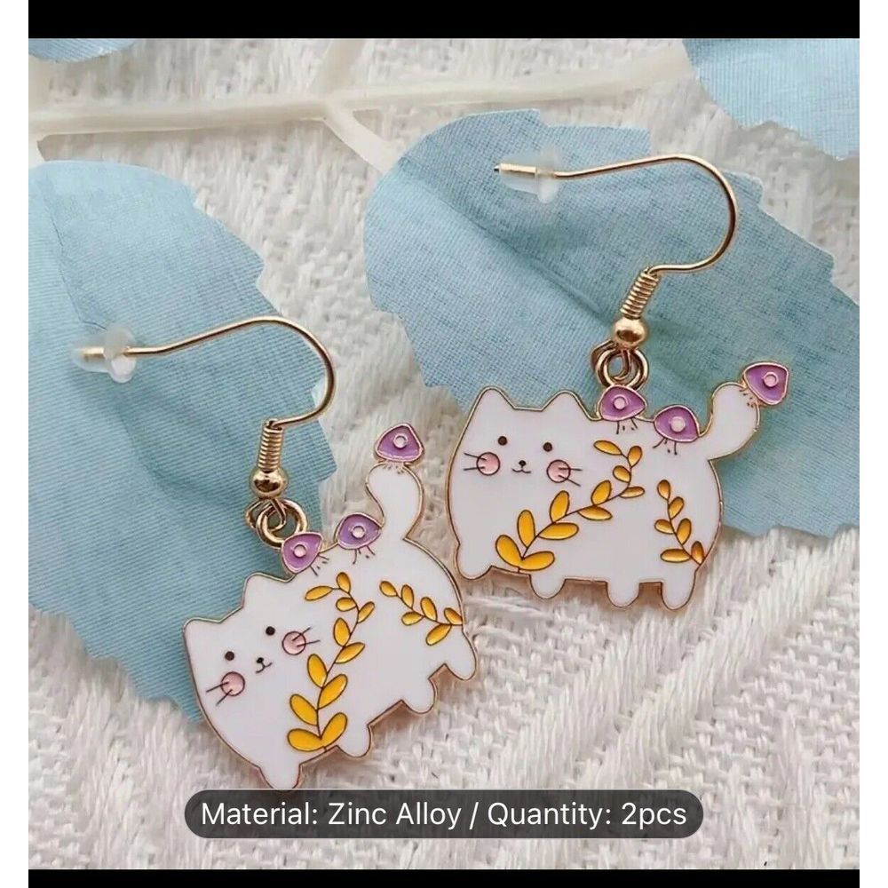 White Cat Earrings with Pink Flowers Cute‎ Love Pets Jewelry NWT